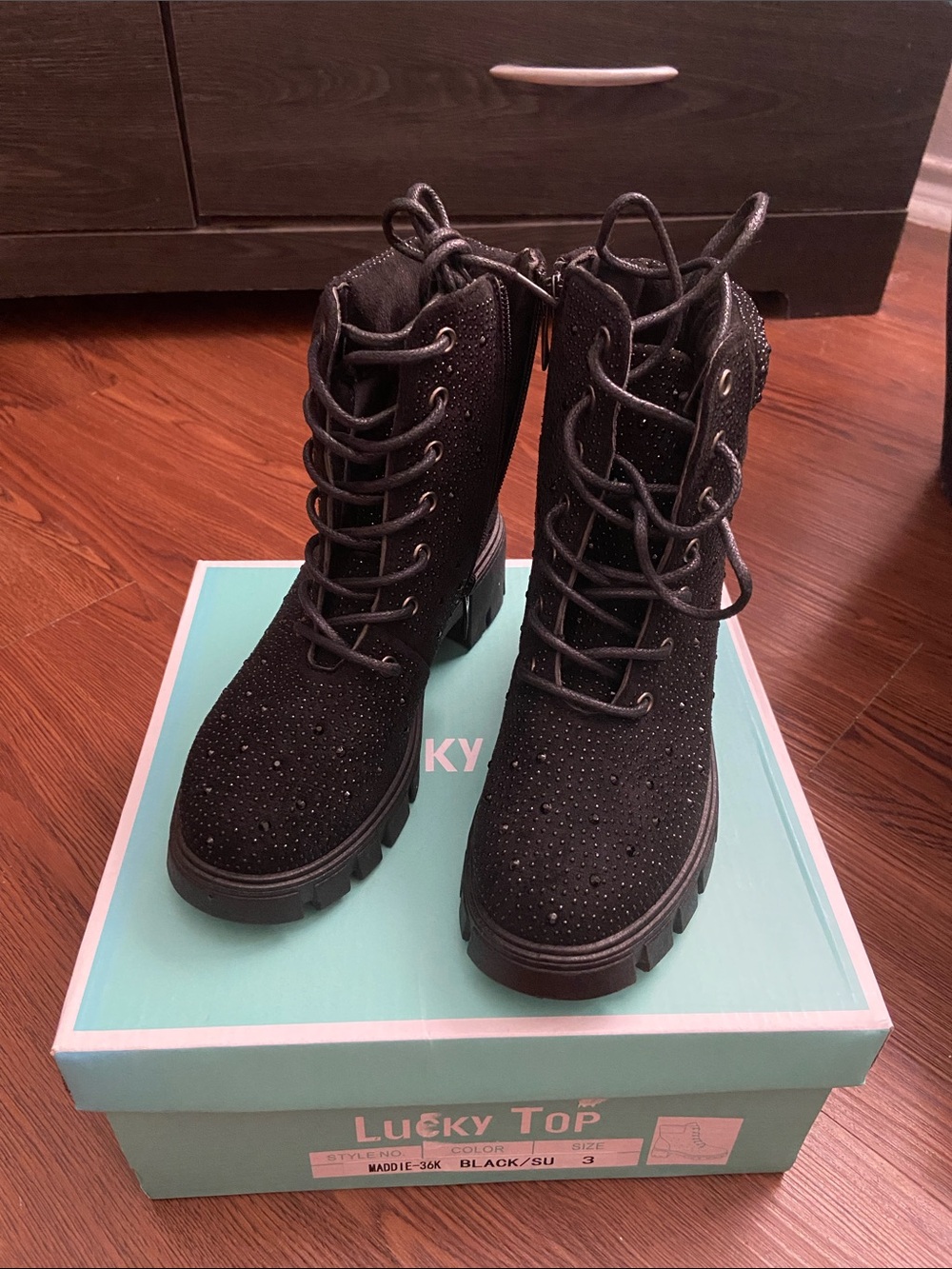 Lucky Top Black Lace-Up Ankle Boots with Crystal Detail